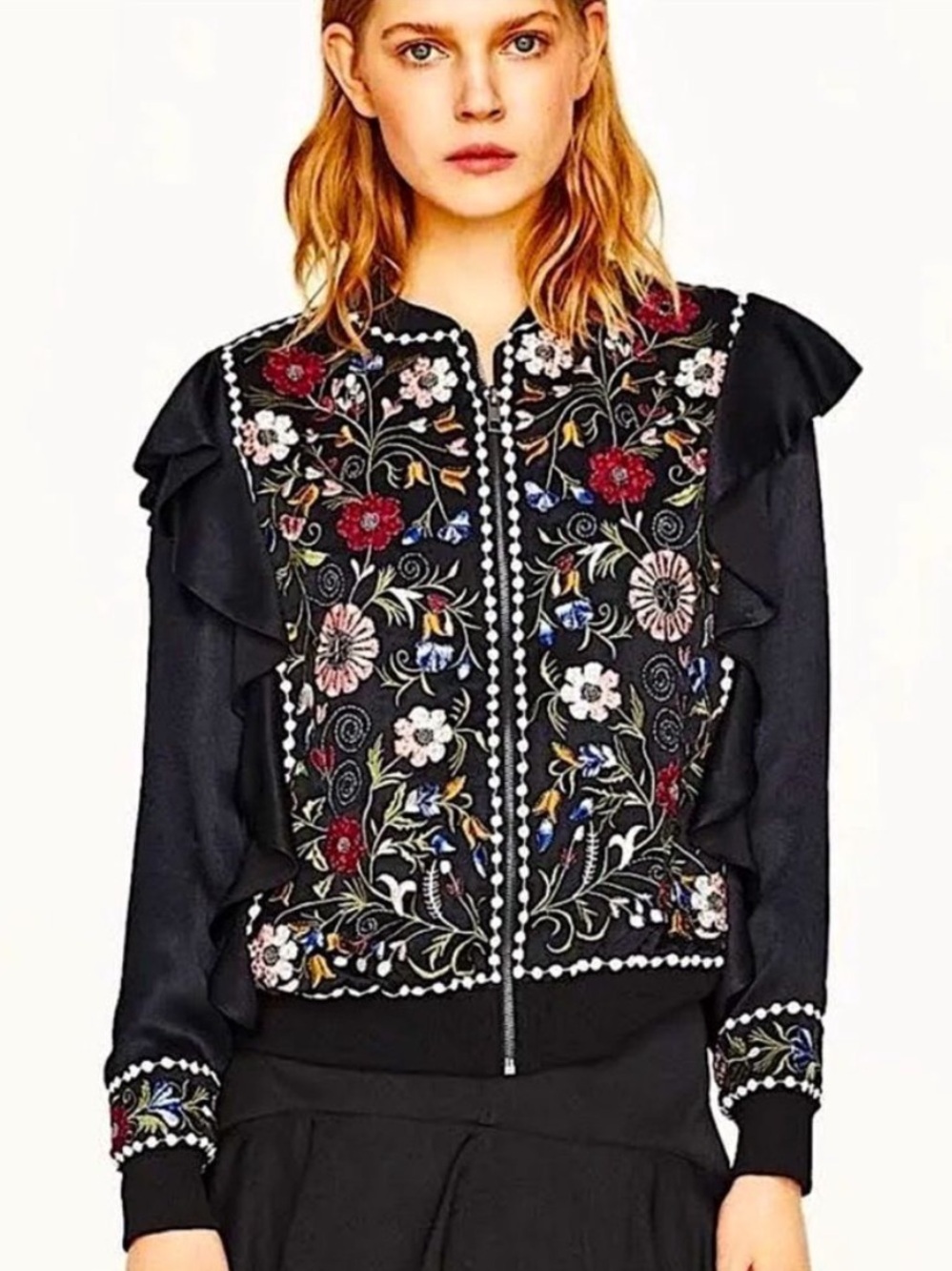 Zara Floral Embroidered Black Bomber Jacket S